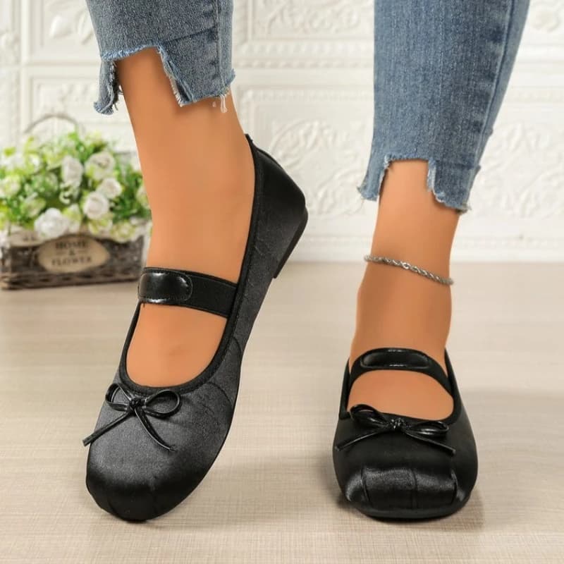 2026 Women's Mary Jane Shoes Ballet Flats Female Bow Silk Satin shoes Round Toe Flat Women Plus Size Shallow mouth shoes