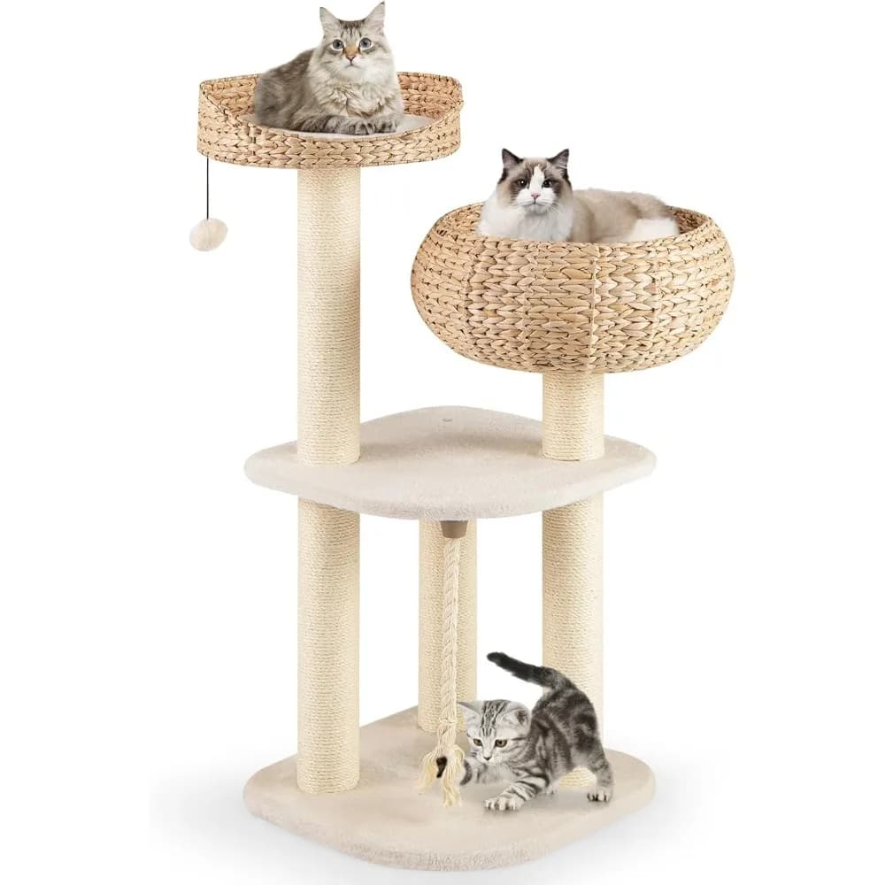 Albero per Gatti Moderno, Torre Alta per Gatti con Tiragraffi in Sisal Naturale, Cuccia per Gatti in Vimini Fatta a Mano e Postazione Superiore