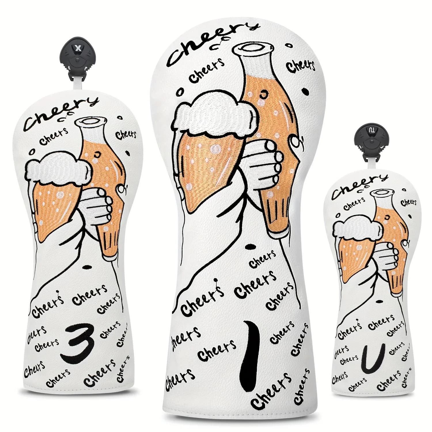 Copricapo da golf a tema Cheers: bianco con design a tazza di birra, copri guanti protettivi per mazze da golf in legno da 1, 3, 5, e UT