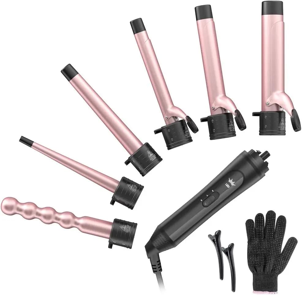 Set Ferro Arricciacapelli in Ceramica 6-in-1 with Interchangeable Cylinders, Thermal Glove and Adjustable Temperature for Salon Hairstyles