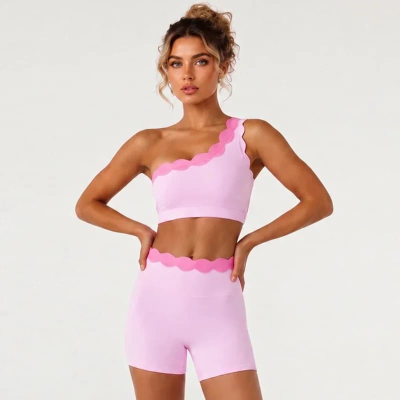 2 Piece Gym Set Color-Block Single Shoulder Strap Sports Bra Pilates Outfit Shell Lace Shorts Fitness Summer Yoga Outfit Sets