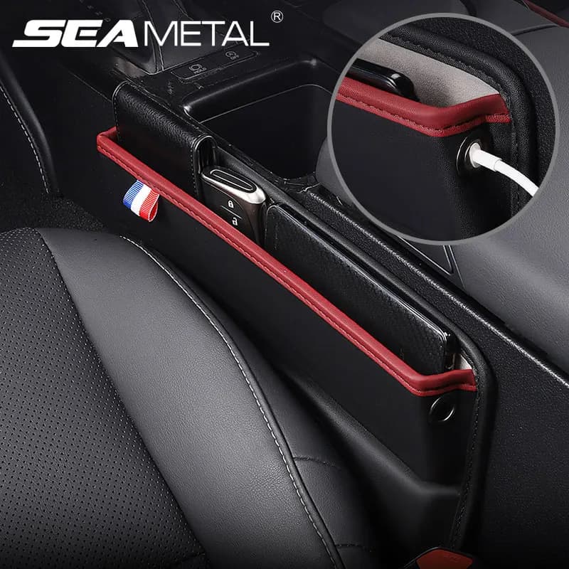 Borsa portaoggetti per seggiolino auto in pelle PU, console laterale per seggiolino auto, scatola organizer per riempire fessure per chiave del telefono con foro per cavo caricabatterie