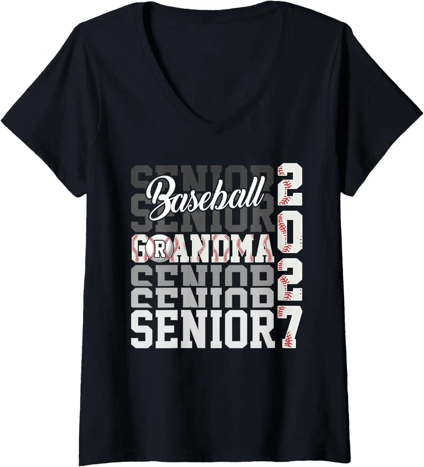 Women's Senior 2027 Baseball Grandma Proud Family Graduation Season V-Neck T-Shirt commemorate,graduate,Graphic tee ,humor, hope