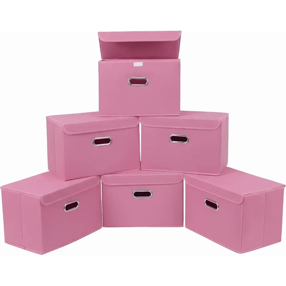 Contenitori Pieghevoli in Tessuto con Coperchi e Maniglie in Metallo per Casa, Camera da Letto, Armadio, Set da 6, Rosa