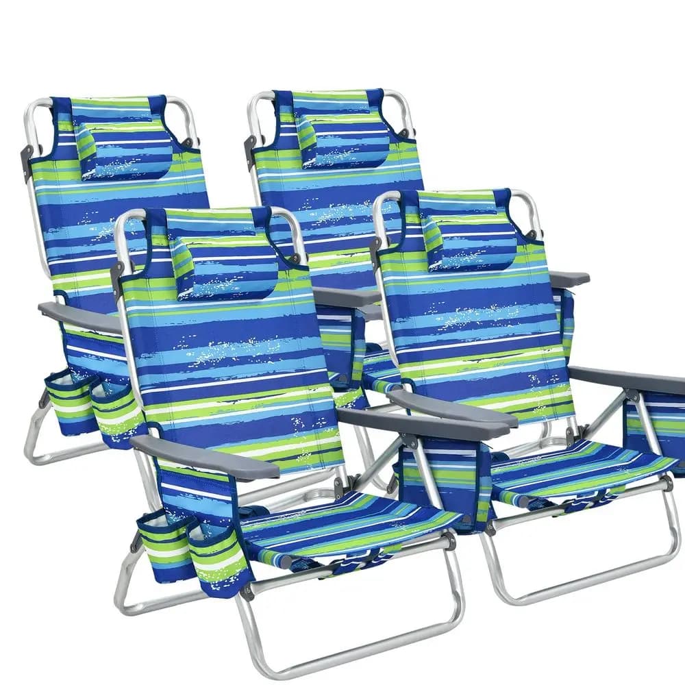 Sedia da Spiaggia Pieghevole per Adulti con 5 Posizioni, Cuscino per la Testa, Borsa Termica, Porta Asciugamani, Portabicchieri, Protezione Solare
