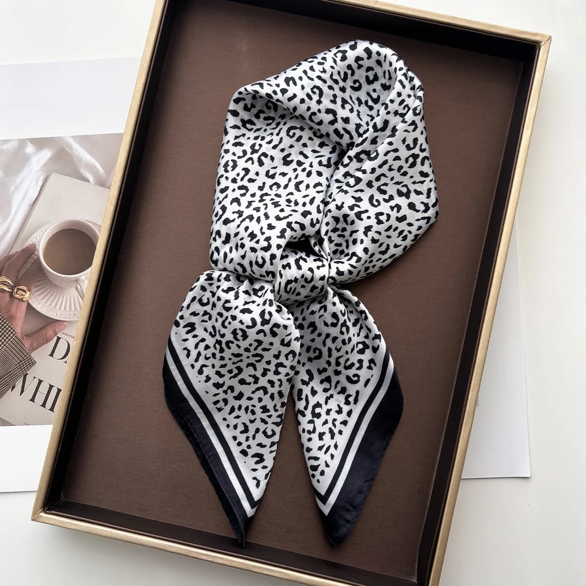 Square scarf with leopard print for women, synthetic silk scarves, elegant beach shawls, bandane, luxury hijab, scarf.