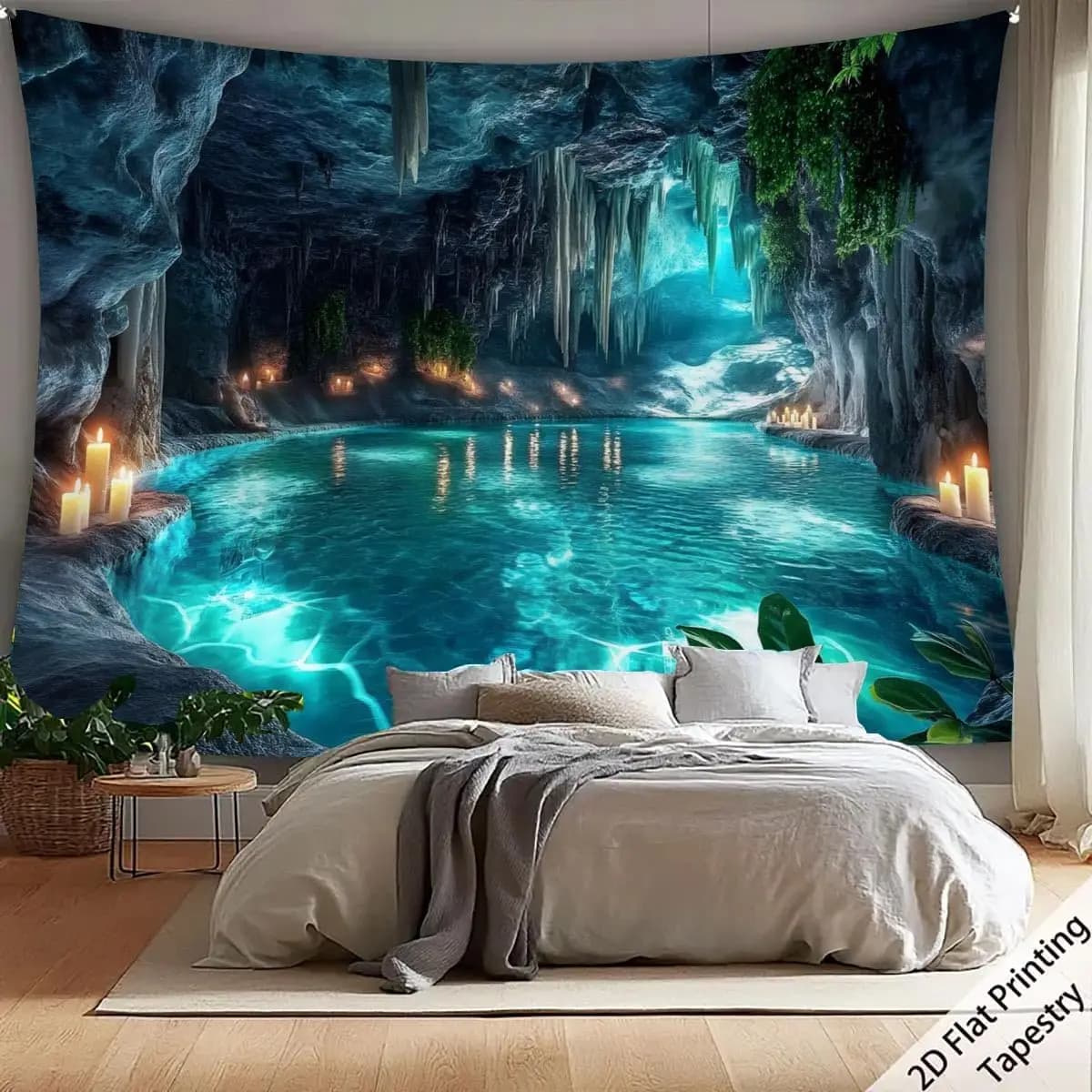 Nature Karst Cave Waterfall Tapestry Sunshine Wonderland Cave Sky Blue Water Landscape Wall Hanging Backdrop for Home Decor