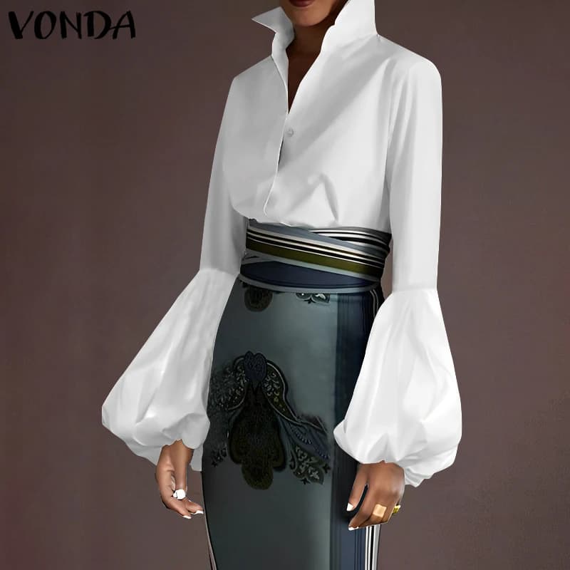 Plus Size 5XL VONDA Women's Elegant Shirt Solid Color 2025 Long Sleeved Shirts with Fashion Casual Neck with Round Top Blusas loose