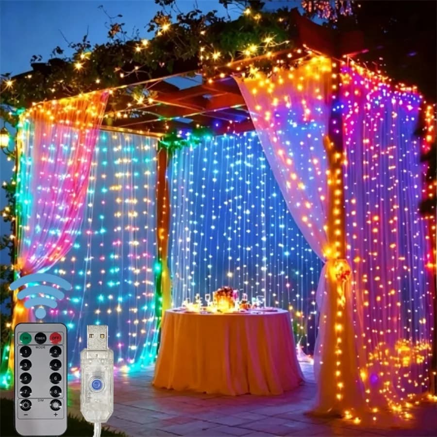 USB LED Curtain Lights with Remote Control, 8 Modes, 100/200/300/600 LEDs, for Bedroom, Window, Wedding, Party & Christmas Decor