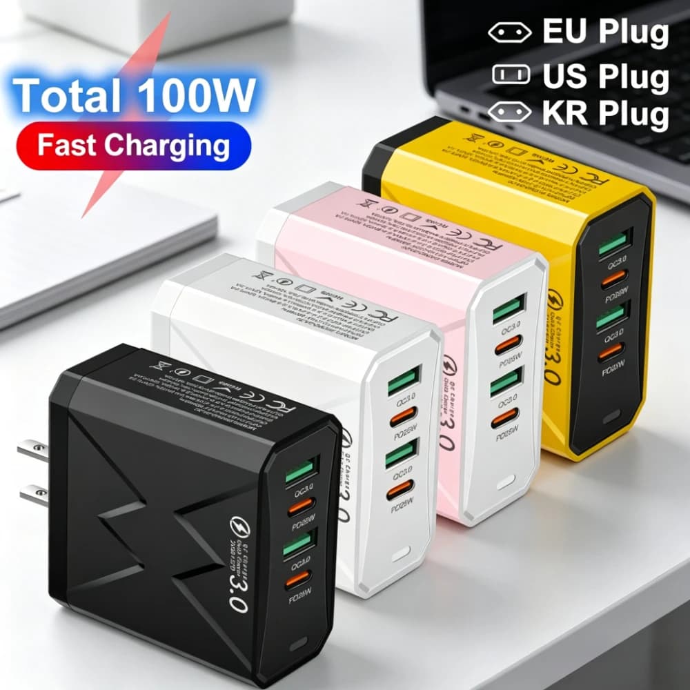 Caricabatterie da Muro USB Tipo C 100W per Ricarica Rapida, Adattatore da Viaggio con Spina EU/US/KR per iPhone, Xiaomi, Huawei