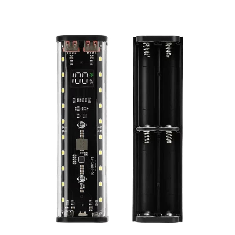 Custodia trasparente per power bank 18650 con ricarica rapida 22.5W, LED, porta USB C e Micro USB, scatola porta batteria per iPhone Huawei OPPO