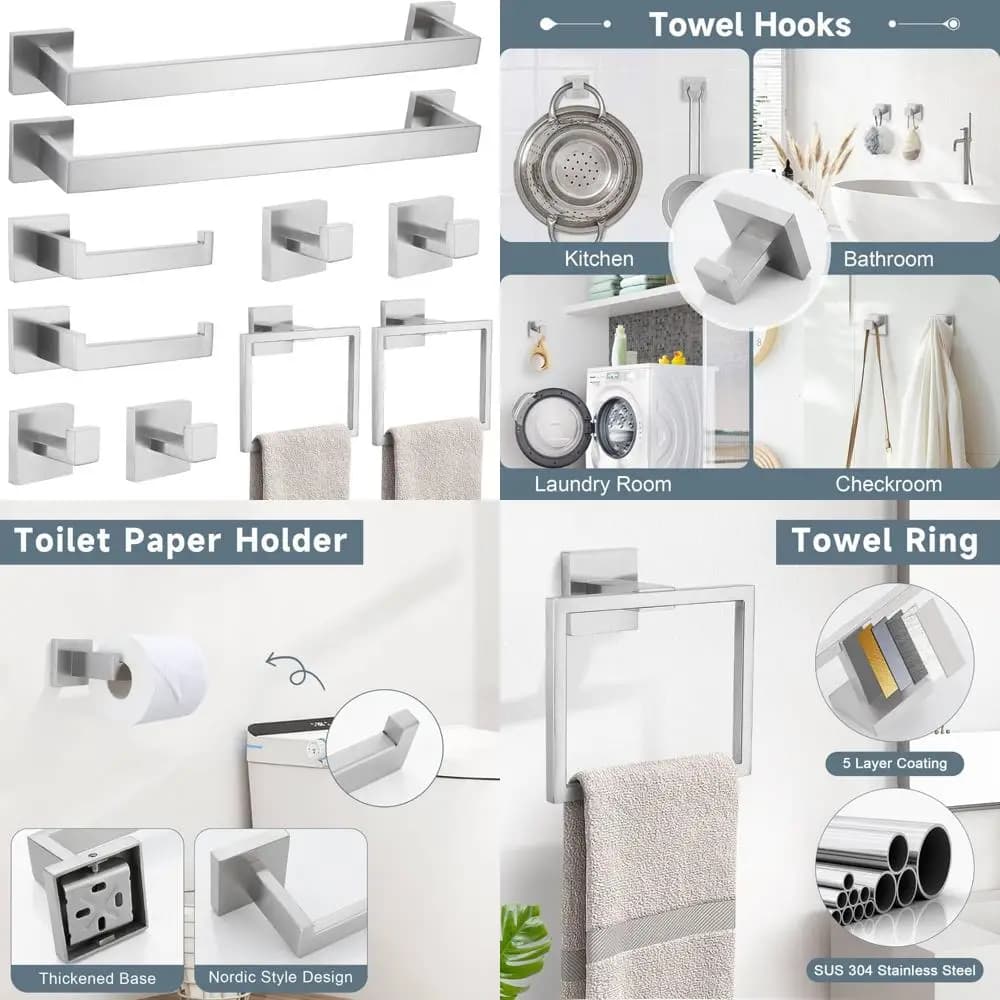 Set di accessori per il bagno in nichel spazzolato da 10 pezzi: portasciugamani e supporto, accessori da bagno in acciaio inossidabile per la casa moderna