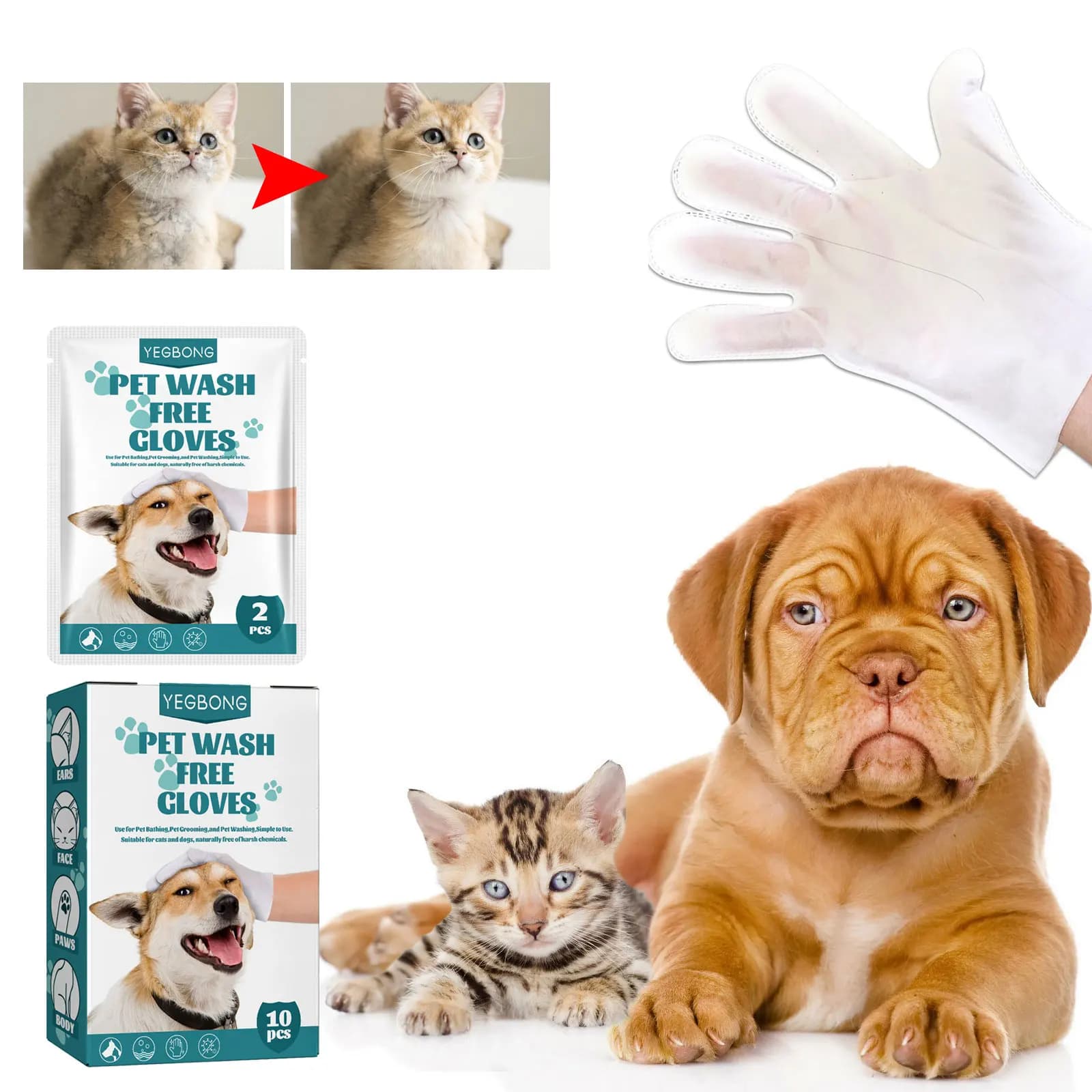 Yegbong Pet Wash Free Gloves Dog Cat Cleaning Spa Bathing Deodorant Fleas Tick Removal Antibacterial Cat Dry Cleaning Gloves