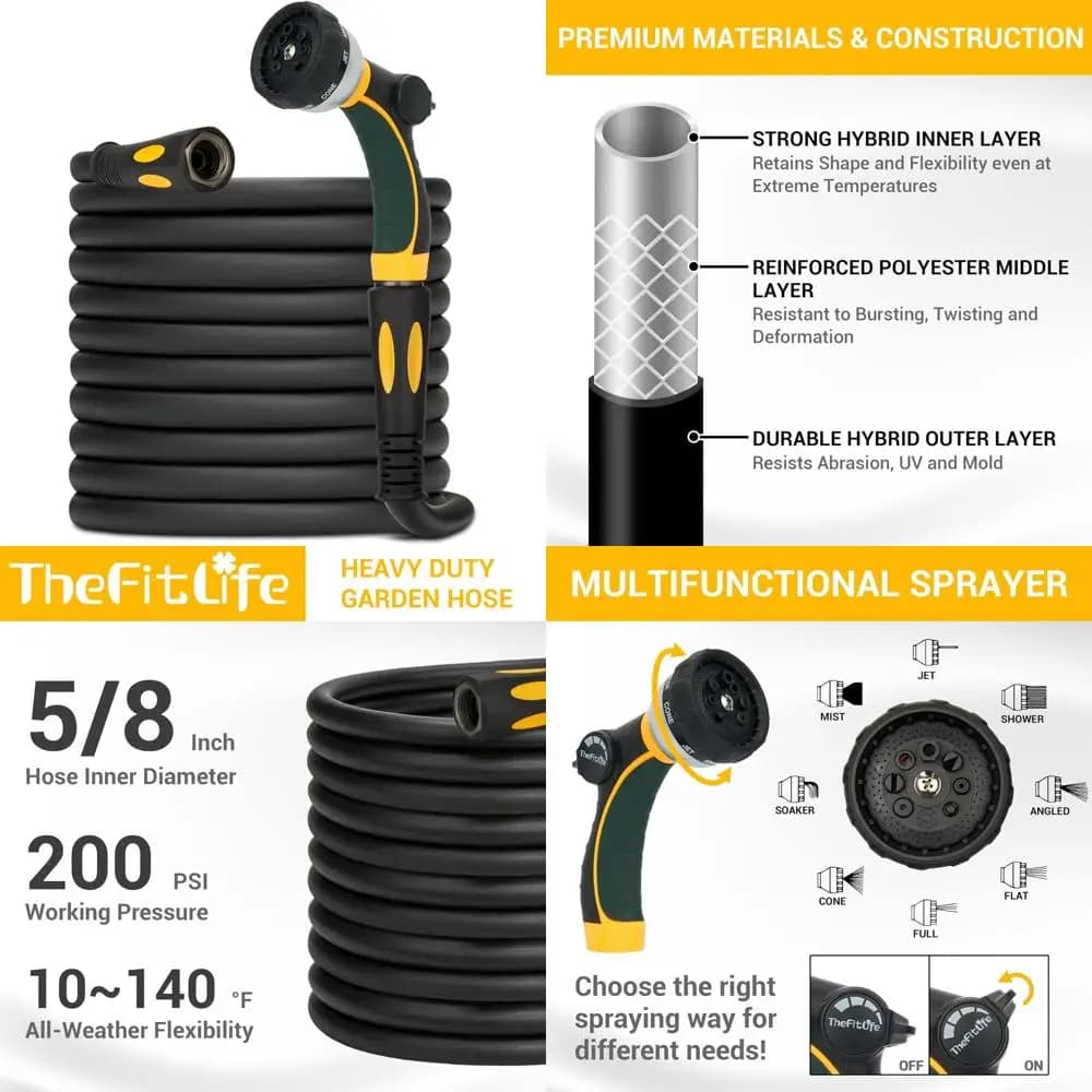 Flexible shock-resistant water pipe with soft grip and 8-function nozzle: durable, durable and suitable for garden