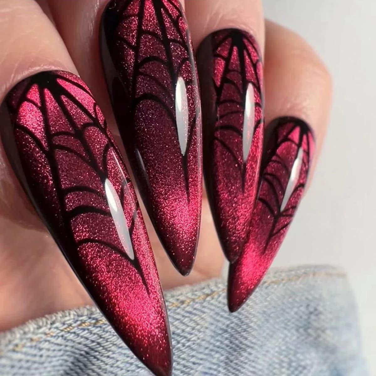 Halloween Red Cat Eye Nail Art Fake Nails Long Spider Web Design Sharp Tips Nail Tips Halloween Party Wear Nail Art Pieces