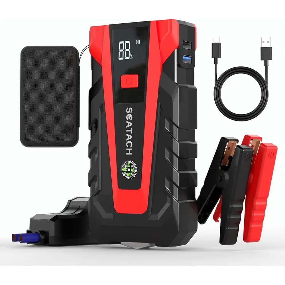 Avviatore di Emergenza Portatile 12V per Motori a Benzina fino a 9.0L e Diesel fino a 7.0L, Compatto con 3 Torce, Cavi, Display LED