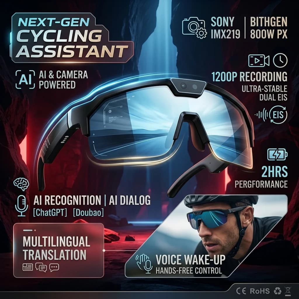 Nuovi Occhiali Smart da Ciclismo AI 2026 con Fotocamera da 80MP, Video HD 1200P, Bluetooth 5.3, WiFi, Altoparlante Open-Ear per Ciclismo e Traduzione in Tempo Reale