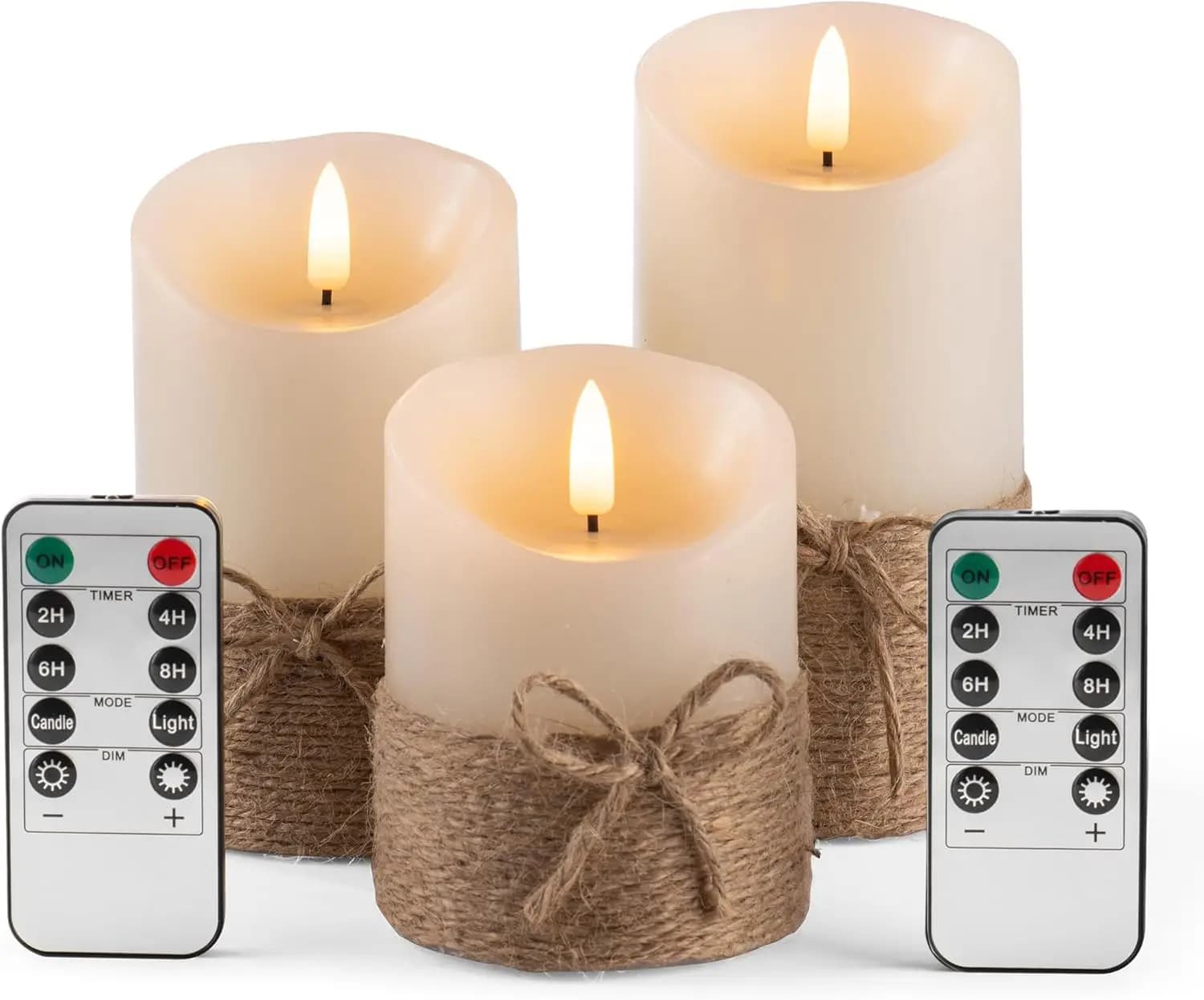 Flameless LED Candles with Remote Control and Timer, Set of 3 Column Candles in True Ivory Cera with Hemp Corda, Battery Operation for Home Decorations