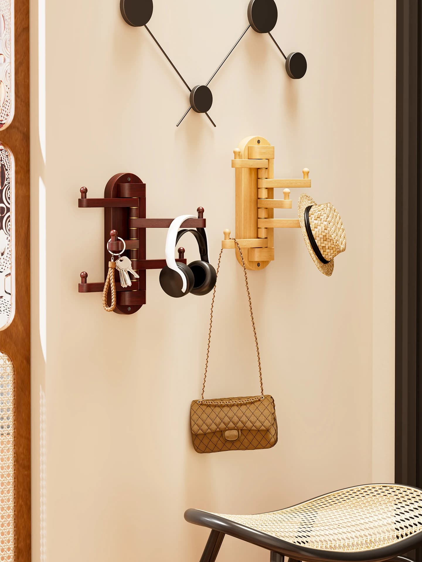 Rotating Wood Wall Hook Home Creative Wall Mounted Rack Simple Bedroom Clothes Hanger Entrance Bag Holder Securely Mounted