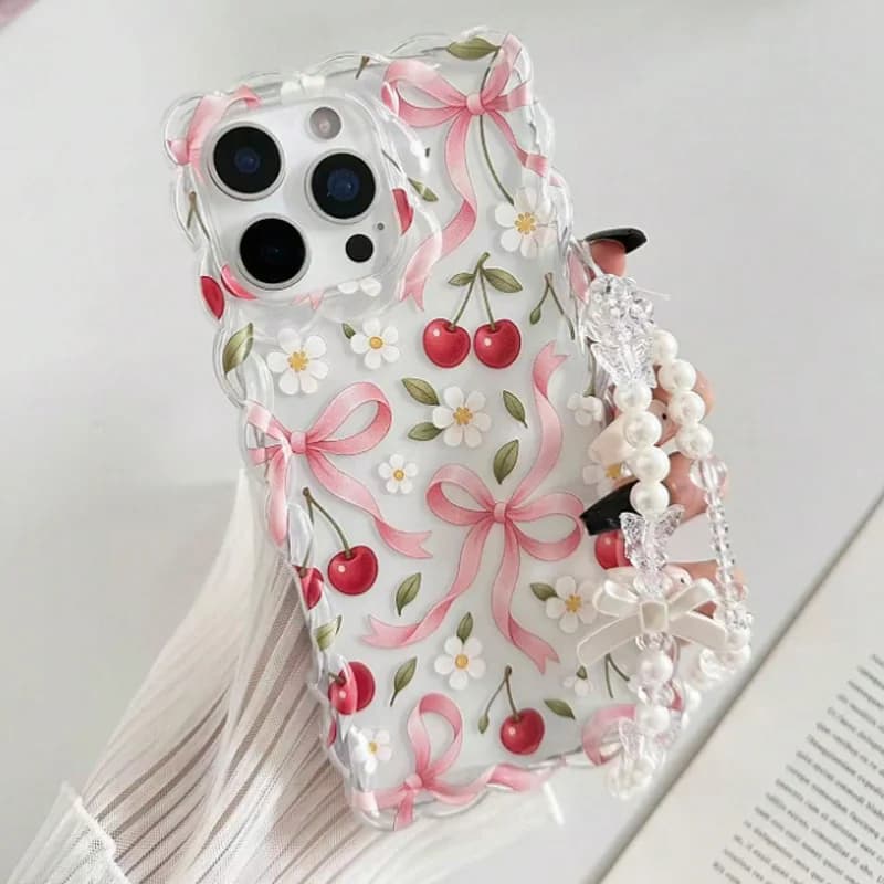Cherry Bow Floral Scallop Lace Edge Clear Phone Case Pearl Strap For IPhone 16 15 14 13 12 11 Pro Max Coquette Shockproof Cover