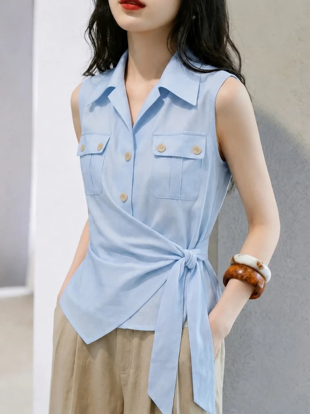 Elegant Sleeveless Waist-Cinched Shirt Summer 2026 Collar Fashionable Age-Defying Belted Vest Women's Korean Style Strai...