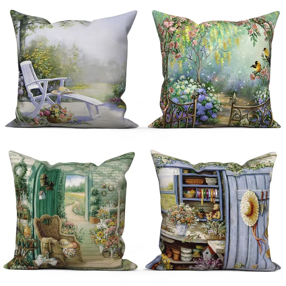 Fodera per cuscino decorativo per divano, motivo floreale da giardino, stile rustico