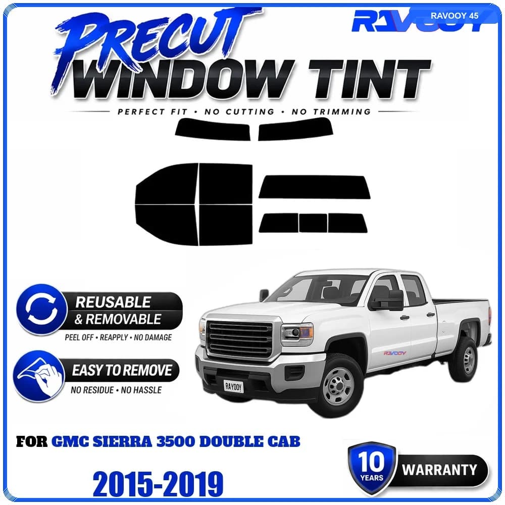 RAVOOY Precut Window Tint, Reusable Removable EPU Film, Custom Fit for Gmc Sierra 3500 Double Cab 2015-2019, UV Heat Protection