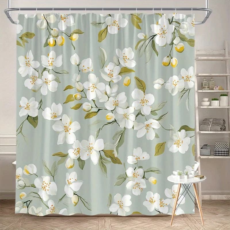 1 tenda da doccia con motivo floreale verde salvia, tessuto in poliestere, lavabile in lavatrice, con ganci, adatta per l'arredamento del bagno.