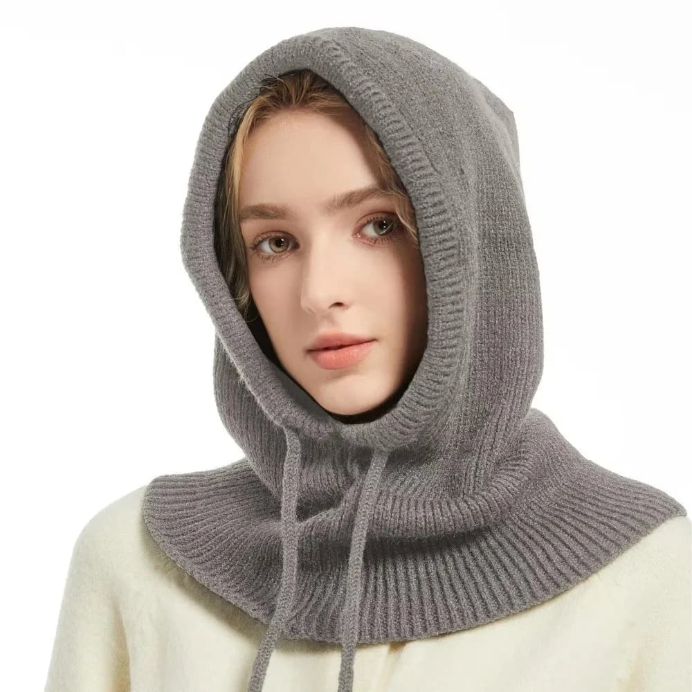 Thick Winter Knitted Hooded Caps Warm Insulation Elastic Balaclava Hat Drawstring Adjustable Breathable One-piece Neck Collar