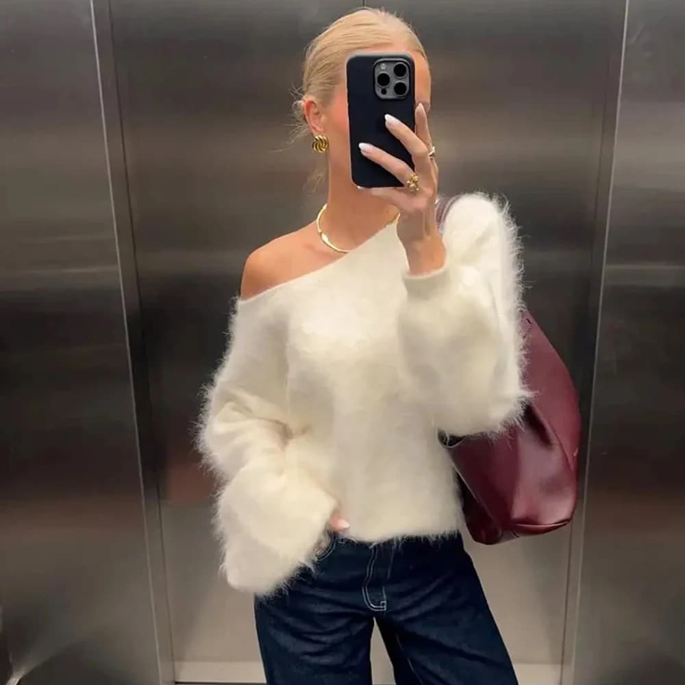 Talenza Pullover in peluche da donna Moda Solid Allentato High Street Maglioni Vintage Chic Senza spalline Autunno Casual Pullover femminili