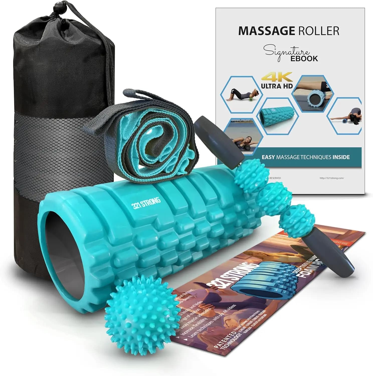 5-in-1 Foam Roller Set with Massage, Muscular Massage Stick, Stretching Strap, Ball and Bag - Includes Free eBook