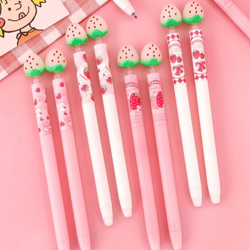 Kawai Stationery Cartoon Strawberry Color Changing Erasable Pen Student Creative Blue Magic Cute Girl Heart Friendly Lovely