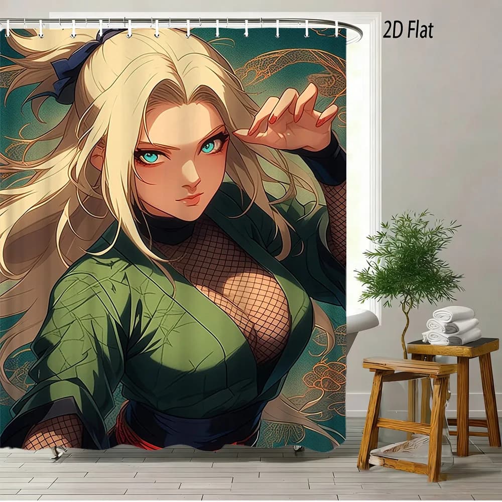 Tenda da doccia piatta 2D con ragazza ninja anime in abito verde, decorazione impermeabile per il bagno