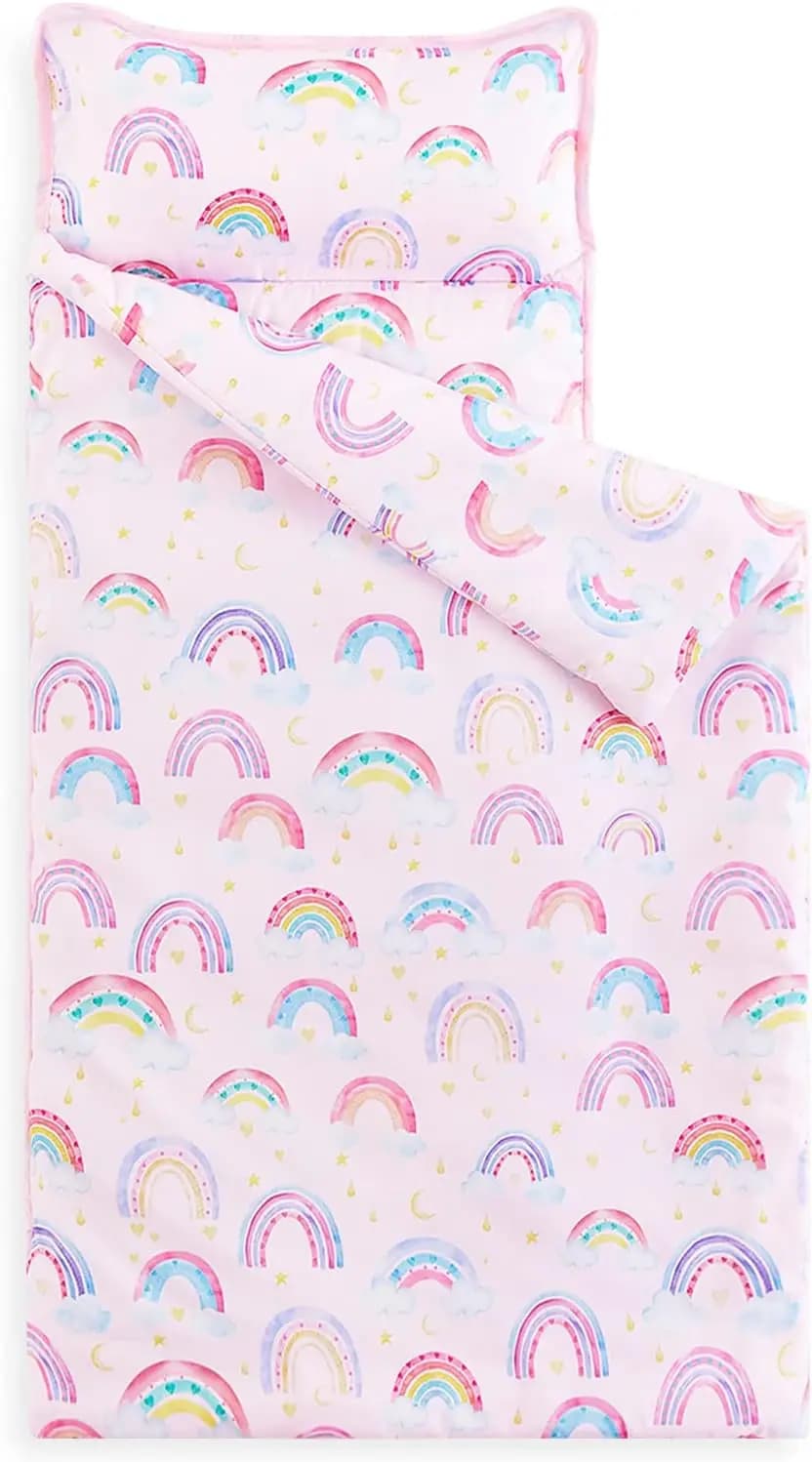 Tappetino per il riposo dei bambini con cuscino e coperta, sacco a pelo arrotolabile per la scuola materna, nuvole arcobaleno