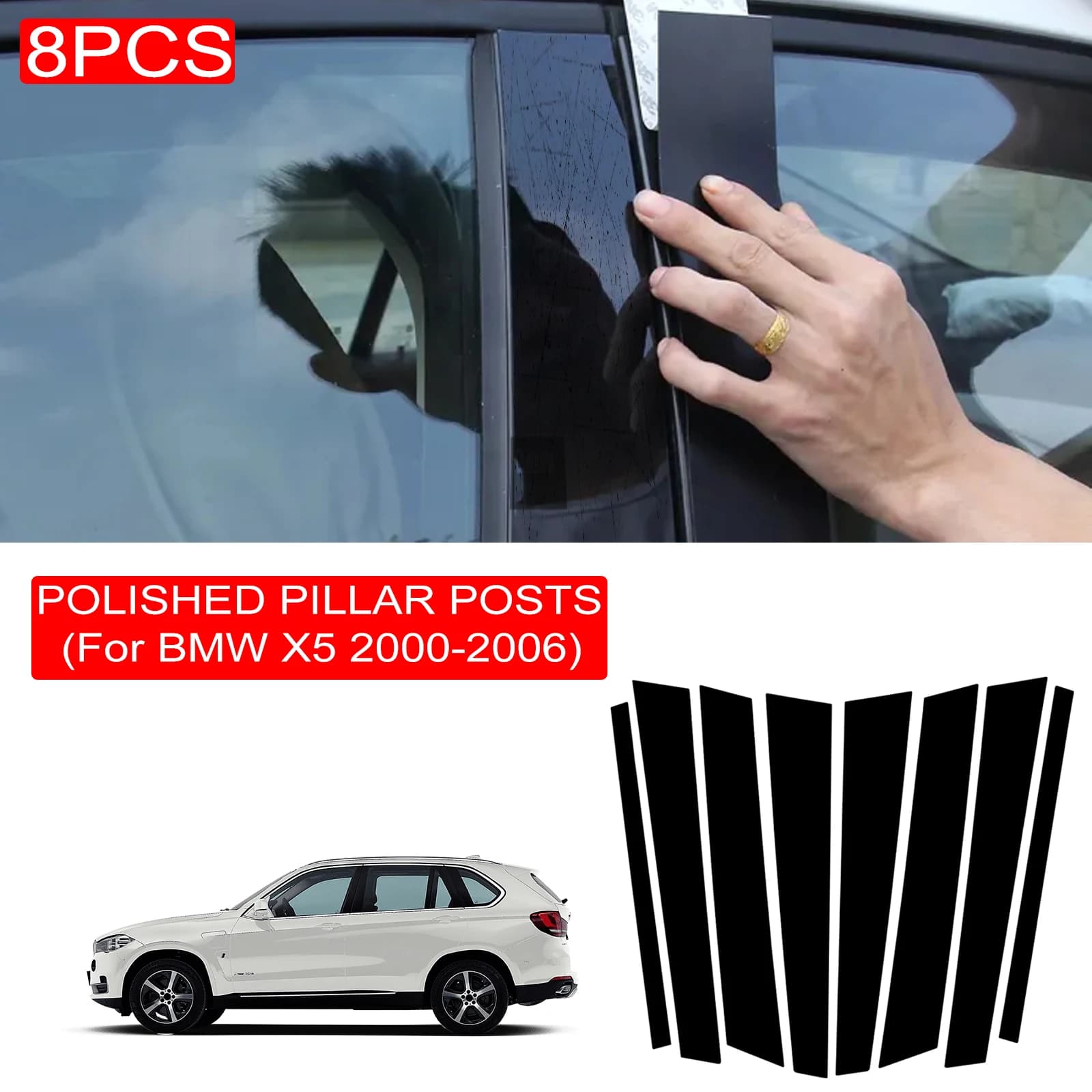 8 pezzi di montanti lucidati adatti per BMW X5 E53 2000-2006 copertura del rivestimento della finestra adesivo della colonna BC accessori per auto