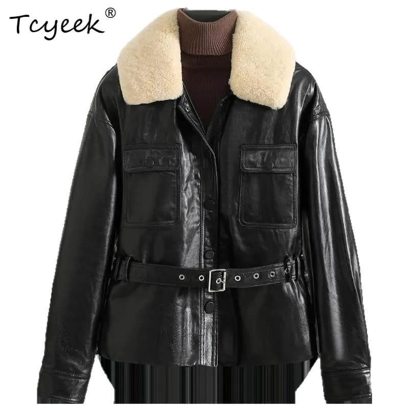 Tcyeek Giacca in Vera Pelle da Donna con Collo in Lana, Cappotto in Vera Pelle di Pecora, Abbigliamento Femminile, 90% Piumino d'Oca Bianco, Cappotti Invernali con Cintura