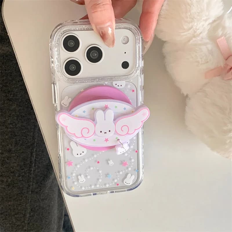 Custodia Magnetica Antiurto per iPhone 17 16 15 Pro Max con Glitter, Design Fotocamera e Coniglio Miffy, con Supporto a Ala MagSafe