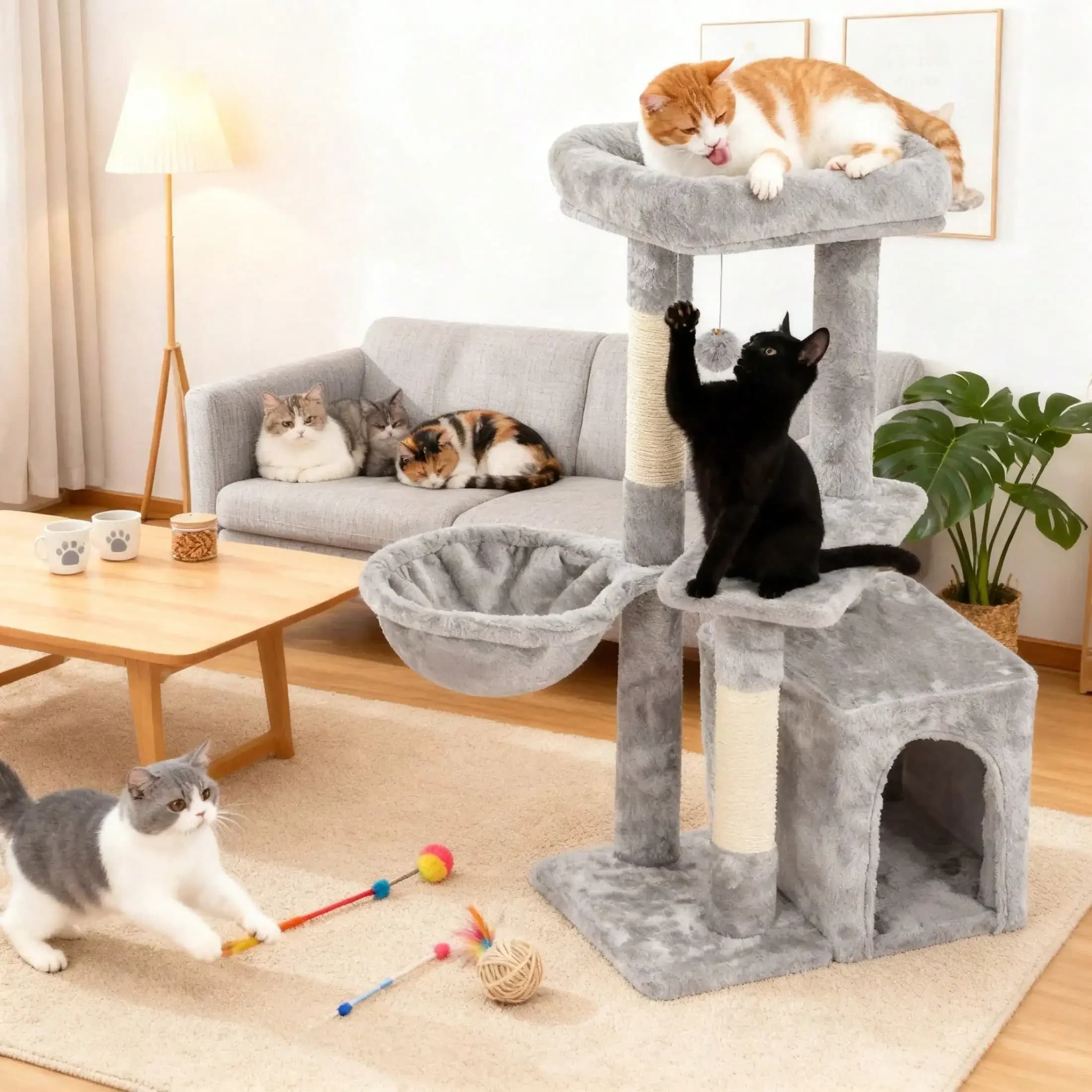 Torre per gatti da 34,5 pollici con cuccia e posatoi, grigio chiaro