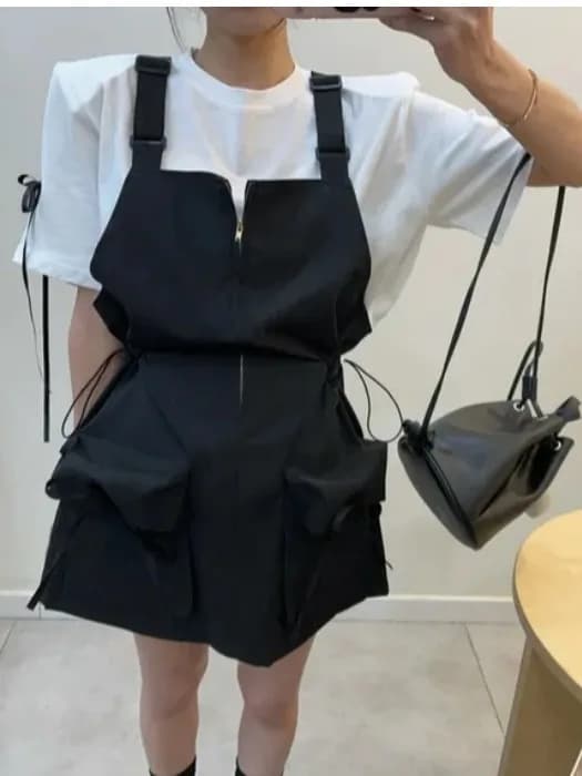 Korean Style Workwear Dress Women Summer Fashionable Short Skirt with Big Pockets Strap Design Age Reducing City Commute Suit...