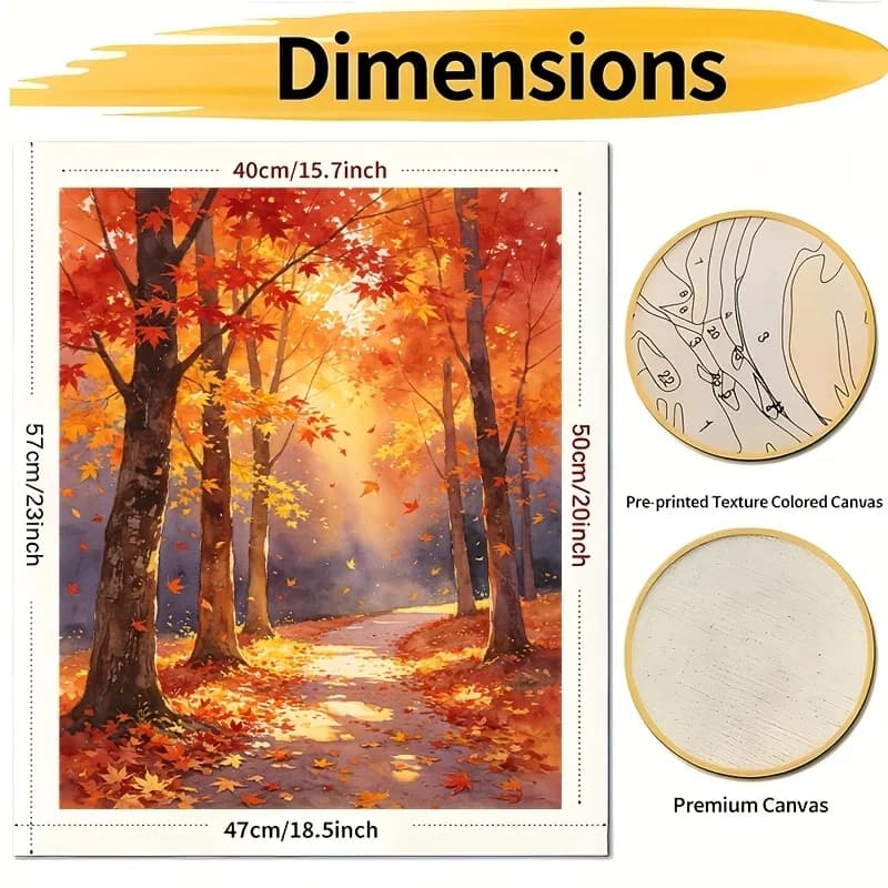Professional Art Use 2D Flat, 1 Set of Adult DIY Paint by Numbers Kit, "Autumn Maple Forest Scene" Includes Acrylic Paints, Canv