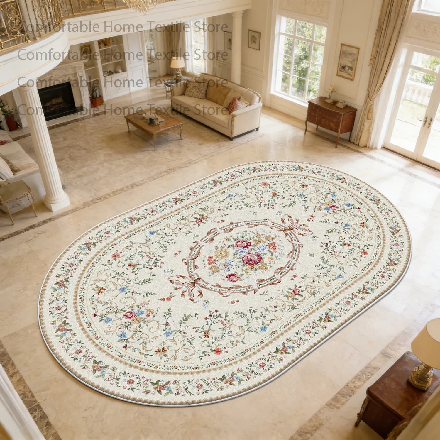 European Luxury Style Oval Living Room Carpet Decoration Bedroom Bedside Non-slip Soft Rug Washable Short Velvet Fluffy Foot Mat