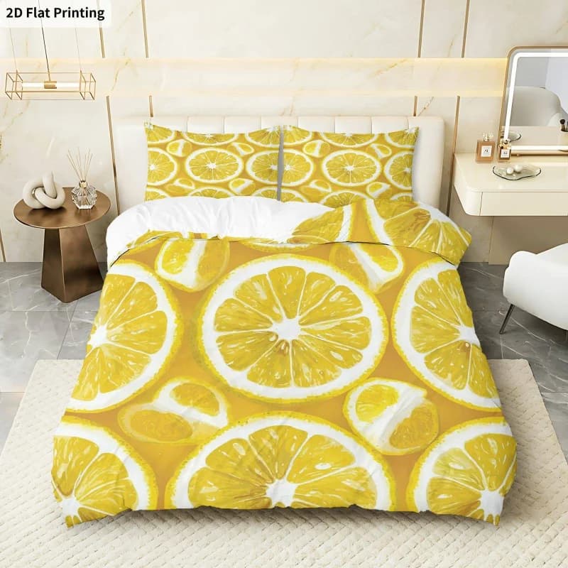 Set Copripiumino 3 Pezzi (1 Copripiumino + 2 Federe) Senza Imbottitura, Tema Limone Fresco, Giallo Brillante, Motivo Frutta, Biancheria da Letto Estiva