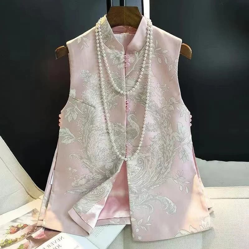 Yellow Retro Chinese Style Women's Vest Spring Fashion Improved Print Silk Slimming Top Shoulder Pad Trendy Blouse