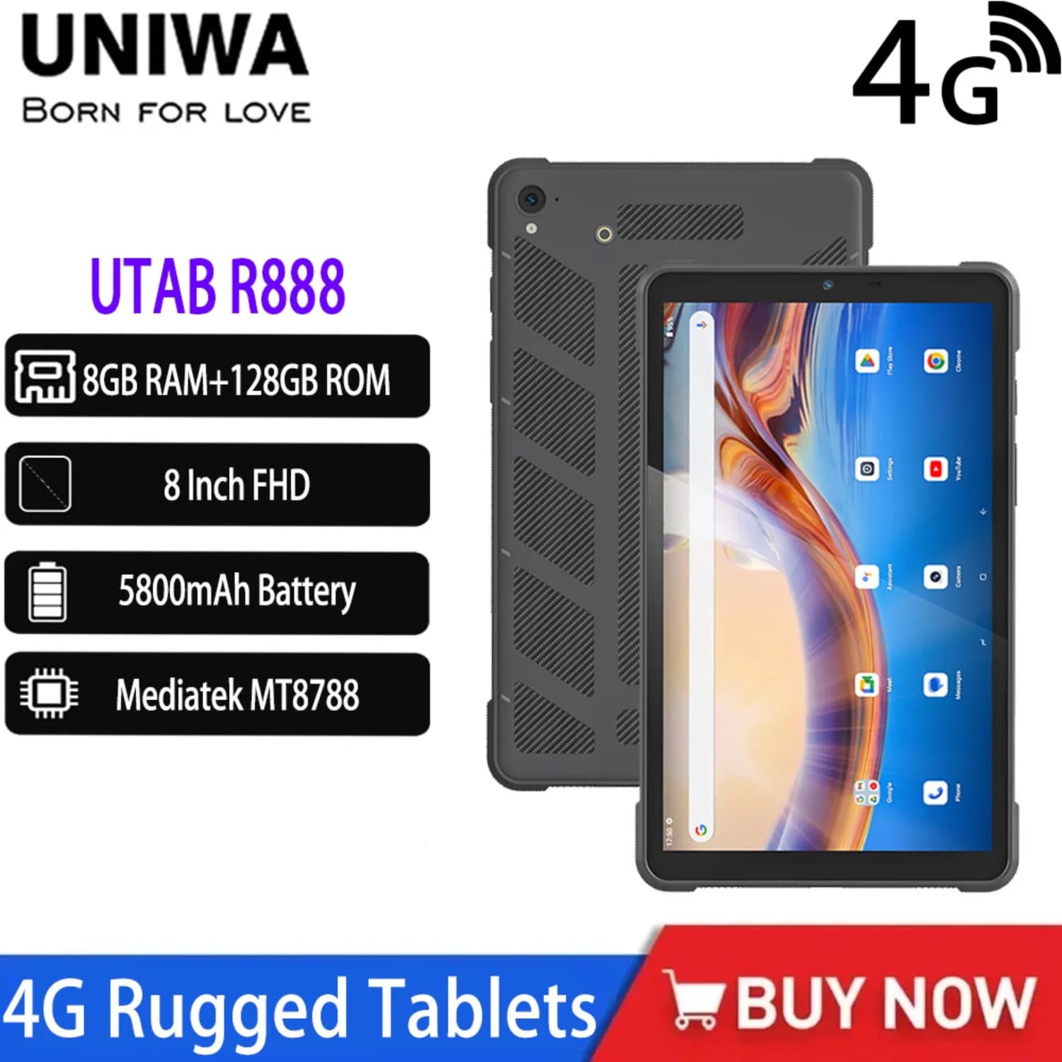 UNIWA UTAB R888 Global Edition 4G Tablet robusto IP68 Phablet impermeabile 8 “8GB RAM 128GB ROM 5800mAh Smart Tablet PC GPS NFC