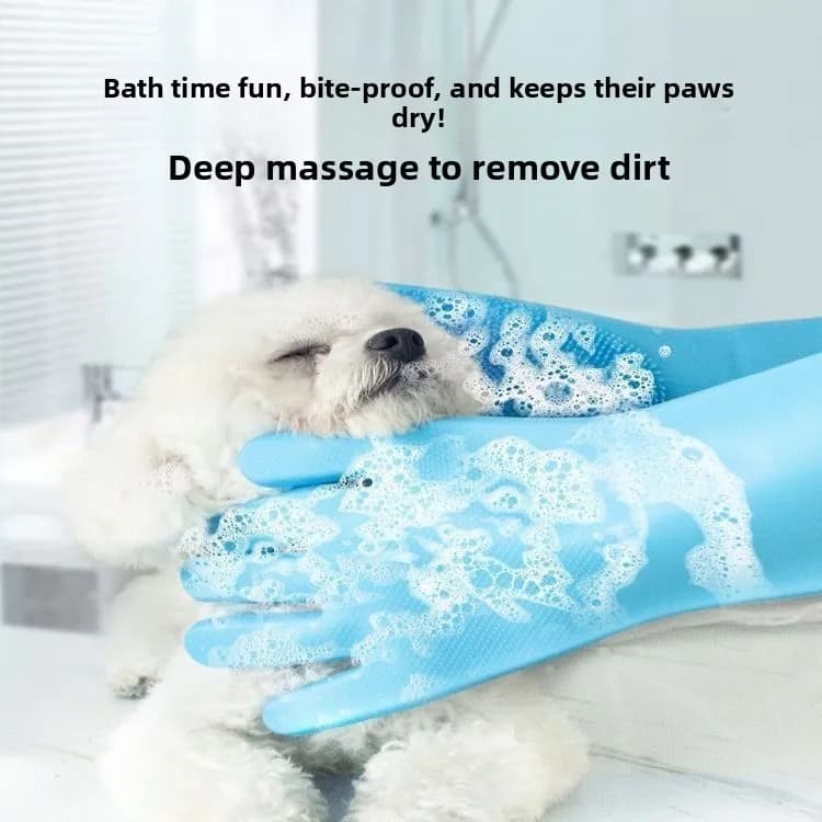 Guanto da bagno per animali domestici, accessorio per il bagno di cani e gatti, anti-graffio e anti-morso, spazzola estesa per la pulizia del bagno con setole in oro teddy.
