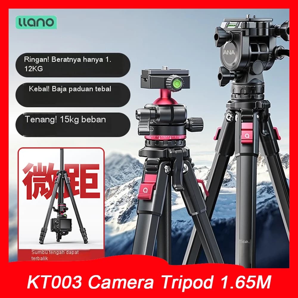 Treppiede per fotocamera LLANO KT003 1.65M Doppia testa a sfera panoramica Supporto per telefono portatile per fotocamera da viaggio in lega di alluminio per la fotografia