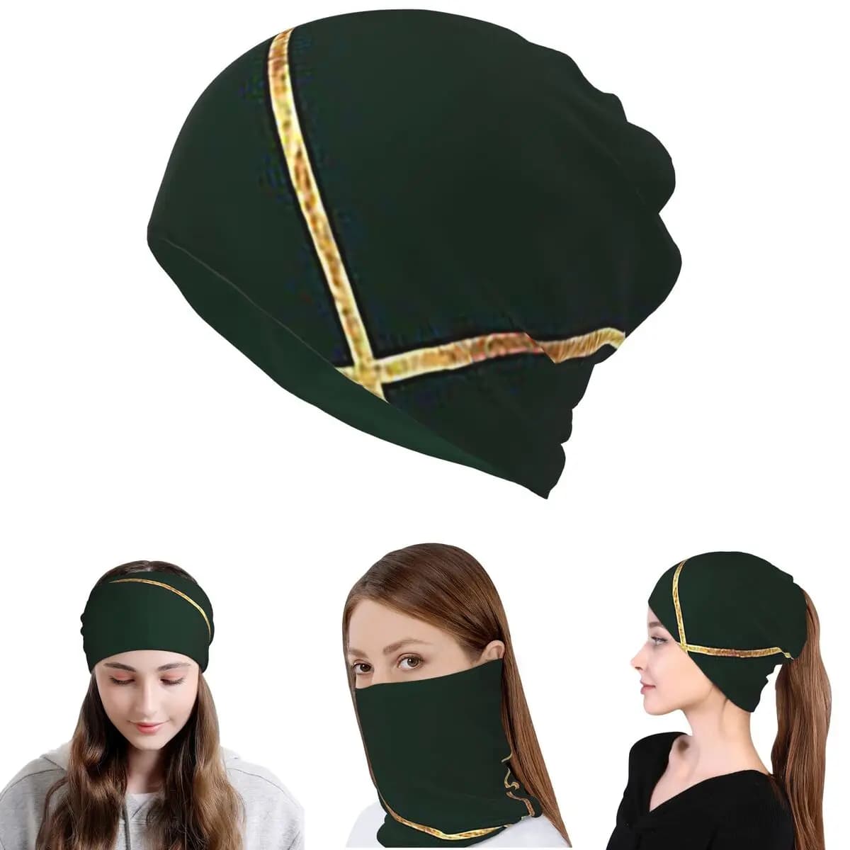 Bandana minimalista verde scuro e oro Lin, copricollo, maschera, sciarpa, fascia per la testa multifunzione, berretto, cappello, unisex, per adulti, lavabile