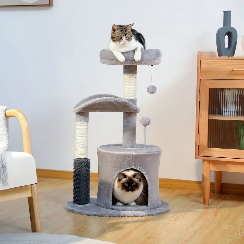 Albero per gatti da interno con spazzola autopulente, palo in sisal e palla sospesa per gatti di taglia piccola e media, grigio
