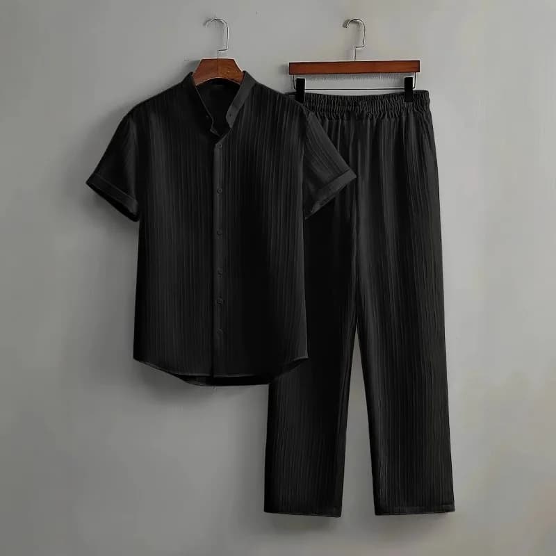 Men Vertical Texture Stand Collar Short Sleeve Shirt Wide Leg Pants Two Piece Casual Beach Outfit S 4XL
