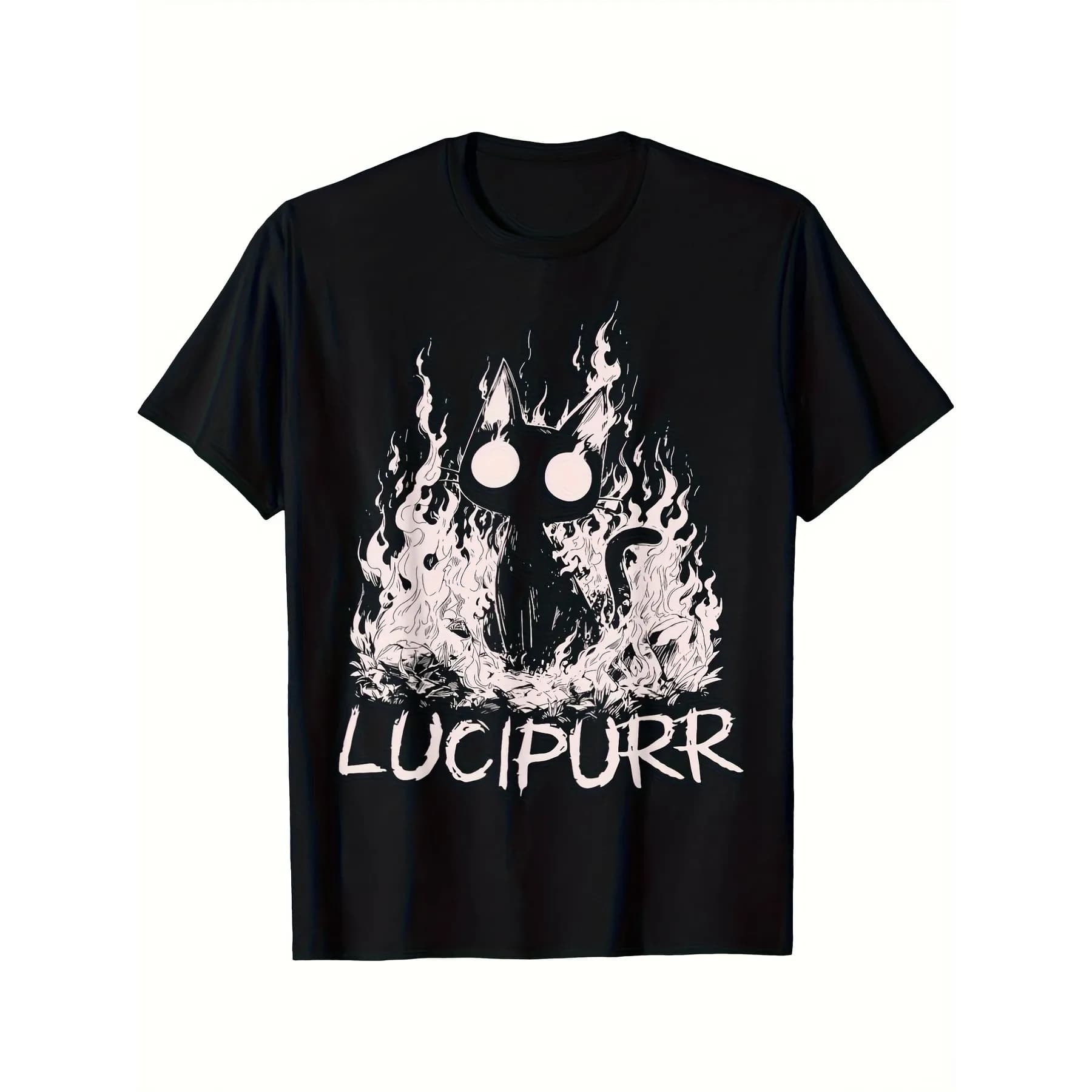 Lucipurr Cat Graphic Tee Men's Vintage Cotton T-Shirt Flames Print Soft Breathable Crewneck Casual Short Sleeve Summer Top
